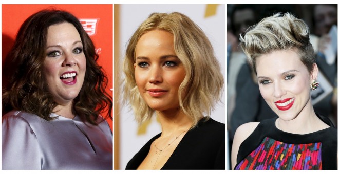 El podio de las actrices mejor pagadas según la revista 'Forbes': Melissa McCarthy, la segunda en ingresos; Jennifer Lawrence, que repite en el primer puesto; y Scarlett Johansson, en el tercer lugar. REUTERS