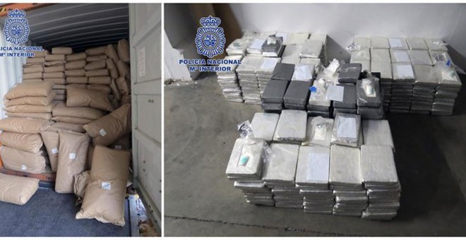 Combo de fotografías facilitadas por la Policía Nacional que ha intervenido 535 kilos de cocaína ocultos en un contenedor de especias.- EFE