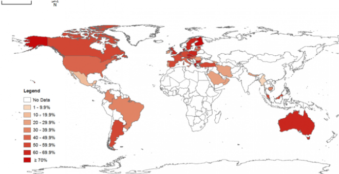 Prevalencia de personas que permanece sentado más de 3 horas al día. Datos de 54 países desde 2002 a 2011.