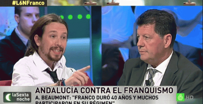 Pablo Iglesias y Alfonso Rojo durante el debate de 'La Sexta Noche', en marzo de 2014.