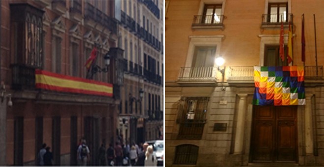 A la izquierda, los balcones de los despachos del PP en la Junta Municipal de Madrid Centro. A la derecha, la bandera indígena colgando de las oficinas de Ahora Madrid.