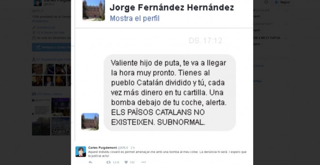 Comentario en Twitter que amenaza al president de la Generalitat de Catalunya