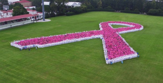 Lazo humano de color rosa contra el cáncer de mama en Ciudad de México. / EFE