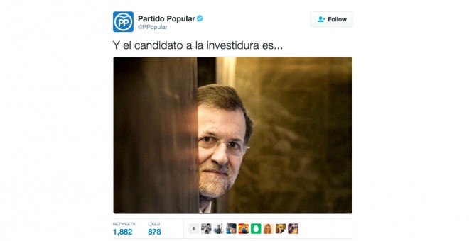 Captura del tuit de la cuenta oficial del PP en el que anunciaba que Rajoy era candidato a la investidura.- TWITTER PP