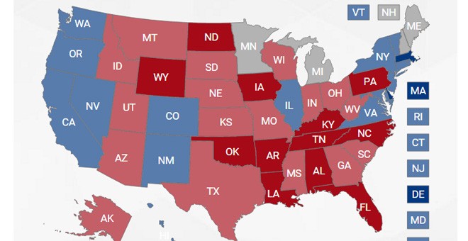 El mapa de EEUU coloreado de rojo republicano.