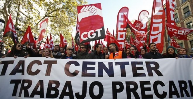 Cabecera de la manifestación en Madrid de los trabajadores de 'contact center', en la que participaron Pablo Iglesias, Íñigo Errejón y Alberto Garzón. E.P.