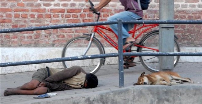 El último registro de menores desprotegidos corresponde a 2015 y eleva la cifra a 3.342 niños en esta situación. En la imagen, un niño mendigo duerme junto a un perro en la calle. EFE