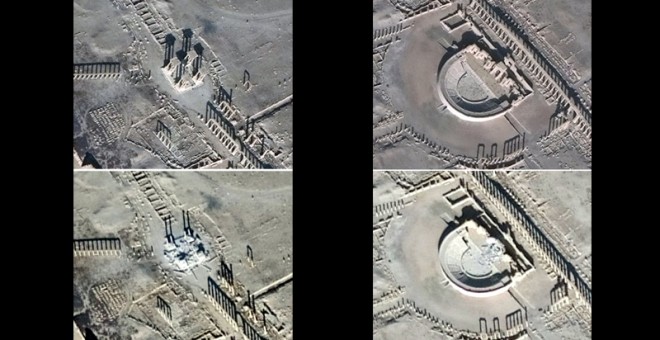 Imagen por satélite del antes y el después del Tetrápilo (i.) y del Teatro Romano de Palmira, tras los daños causados por el Estado Islámico. REUTERS