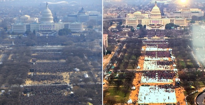 A la izquierda, el Mall de Washington durante la toma de posesión de Barack Obama en 2009; y a la derecha,durante la ceremonia de Donald Trump.