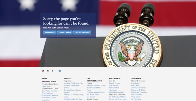 Mensaje que aparece en la web de la Casa Blanca cuando se intenta acceder a la página en español que había hasta ahora.