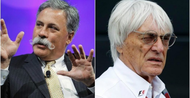 Combo de fotografías de Chase Carey y Bernie Ecclestone.