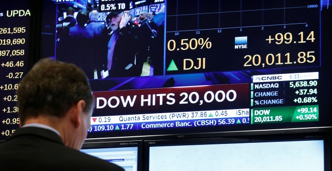 Una pantalla de televisión muestra la cotización del índice Dow Jones, tras superar la barrera histórica de los 2.000 puntos. REUTERS/Brendan McDermid