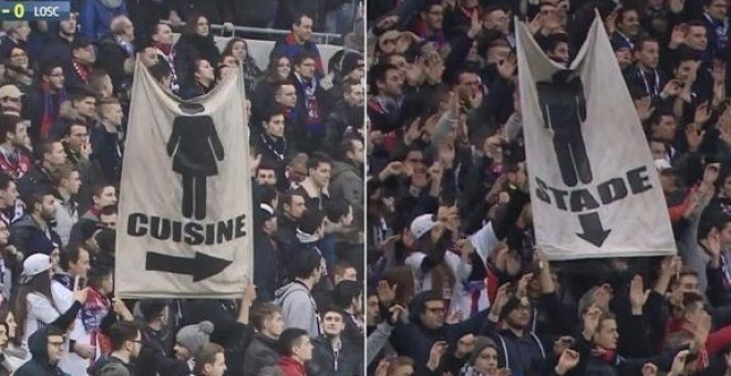 Pancartas machistas durante un partido de fútbol en Francia donde se indica que las mujeres tienen que estar en la concina / CANAL +