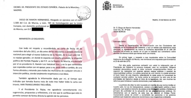Carta del abogado murciano Diego de Ramón Hernández al presidente del Gobierno, Mariano Rajoy, y la contestación del Palacio de la Moncloa