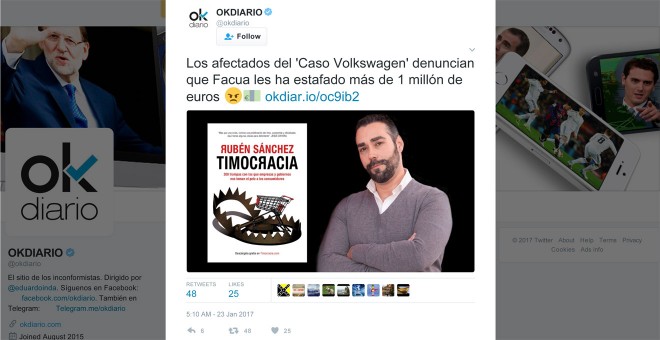El tuit de OKdiario en el que se anuncia la falsa 'exclusiva' y se muestra el emoji de indignación contra el portavoz de FACUA, Rubén Sánchez.