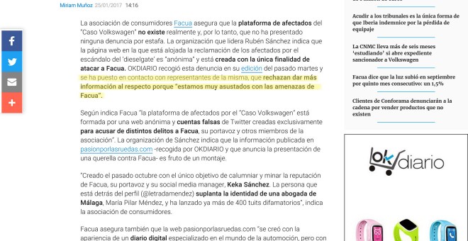 Segunda información de OKdiario contra FACUA dos días después de la primera, asegurando que los supuestos miembros de la plataforma ficticia se esconden a causa de 'las amenazas de Facua'.