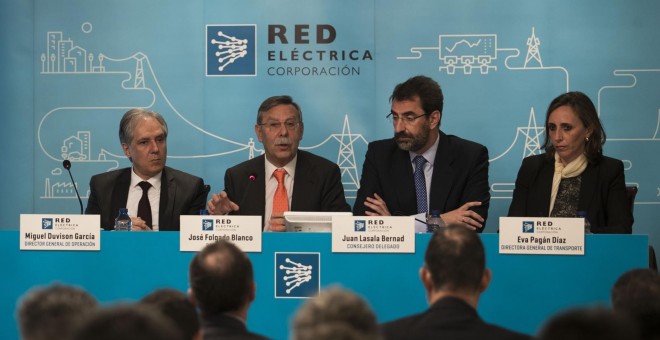 El presidente de REE, José Folgado, y el CEO de la empresa, Juan Lasala, en la rueda de prensa previa a la junta de accionistas de la eléctrica.