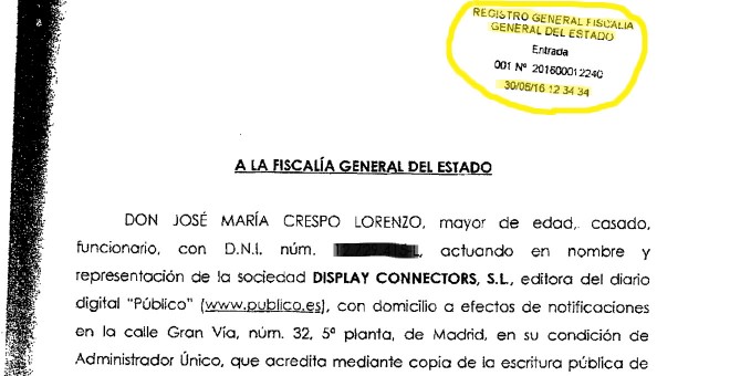 Informe de la Policia Judicial a la Comisión de Investigación: encabezado del escrito de 'Público' de entrega de las grabaciones a la Fiscalía General del Estado, con fecha 30/06/16.