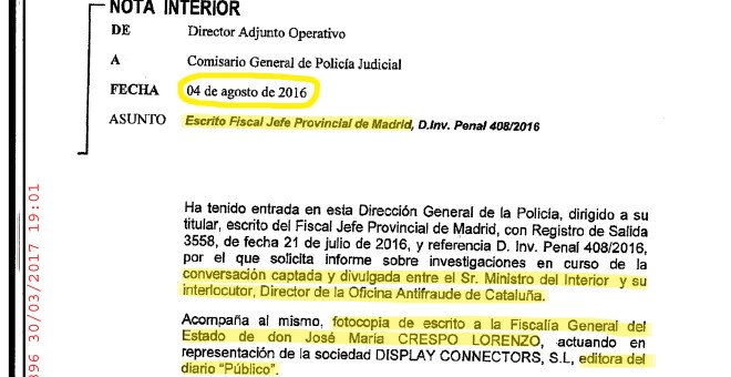 Informe de la Policia Judicial a la Comisión de Investigación: nota del DAO constatando la entrada del escrito del fiscal jefe provincial de Madrid que incluye fotocopia del escrito de entrega por 'Público' de las grabaciones íntegras.