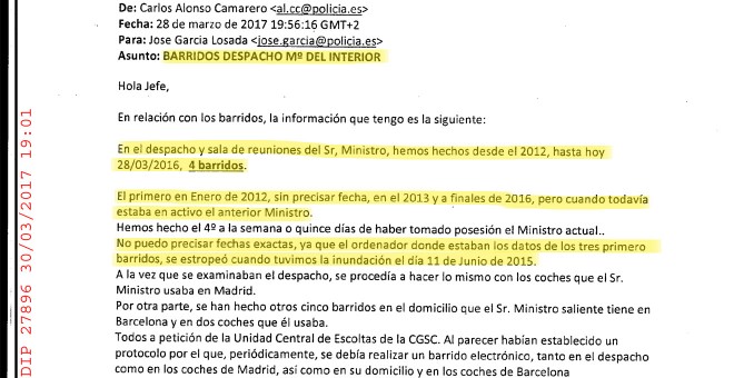 Informe de la Policia Judicial a la Comisión de Investigación: mensaje de la Jefatura de Sistemas Especiales sobre los barridos del despacho del ministro del Interior de 2012 a 2016.