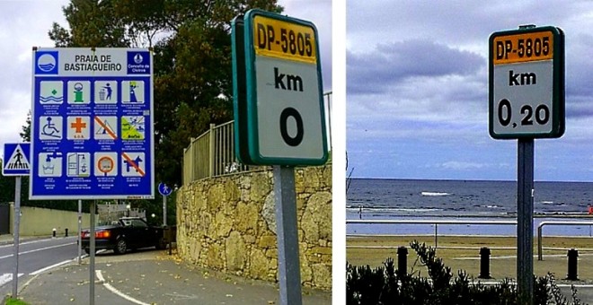 Imagen del poste de señalización de la bajada a la playa de Bastiagueiro, A Coruña.