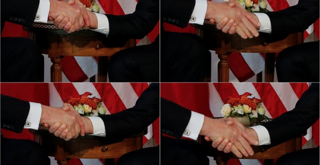 Fotogramas del polémico apretón de manos entre Macron y Trump.- REUTERS
