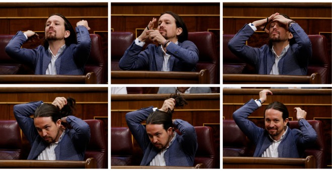 Combinación de fotos del líder de Podemos, en su escaño, arregandose su coleta, durante la moción de censura contra Mariano Rajoy. REUTERS/Juan Medina