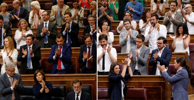 Combinación de fotos de los diputados de Unidos Podemos y del PP aplaudiendo a sus líderes. REUTERS