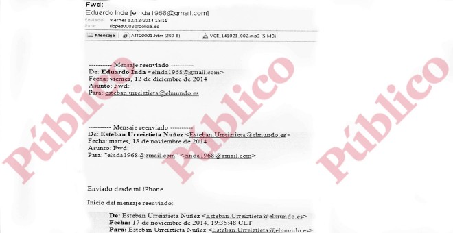 Correo electrónico del periodista Eduardo Inda al inspector López con la grabación ilegal a agentes del CNI en Asuntos Internos.