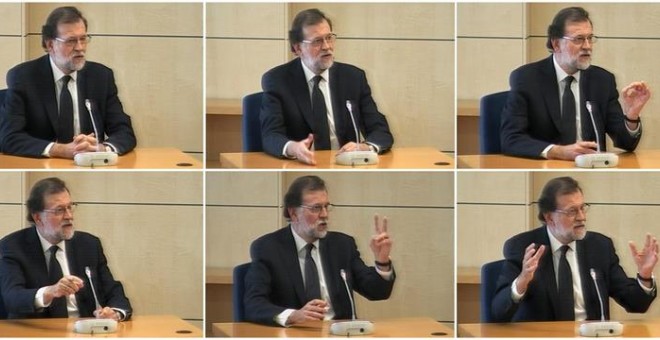 Imágenes capturadas de la señal de vídeo institucional que muestran al presidente del Gobierno, Mariano Rajoy, durante su declaración. /EFE