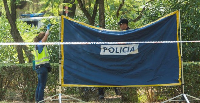 Agentes de Policía Científica y Homicidios de la Policía Nacional inspeccionan el lugar del Parque Amate de Sevilla.- EFE