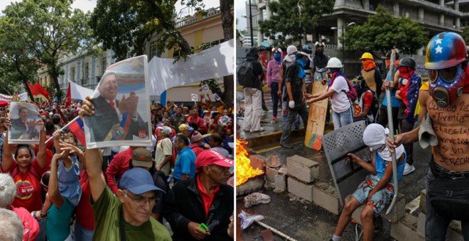 Simpatizantes oficialistas se concentran en apoyo a la instalación de la Asamblea Nacional Constituyente, en una imagen y, opositores se manifiestan en contra. EFE