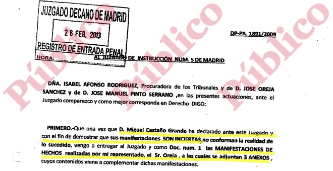 Escrito de Oreja al Juzgado 5 con las pruebas de que Castaño ha mentido en su declaración sobre el caso espionaje del PP.