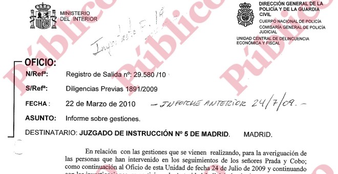 Encabezado del informe final de la UDEF sobre los posicionamientos de los guardias acusados el espionaje en el PP de Madrid.