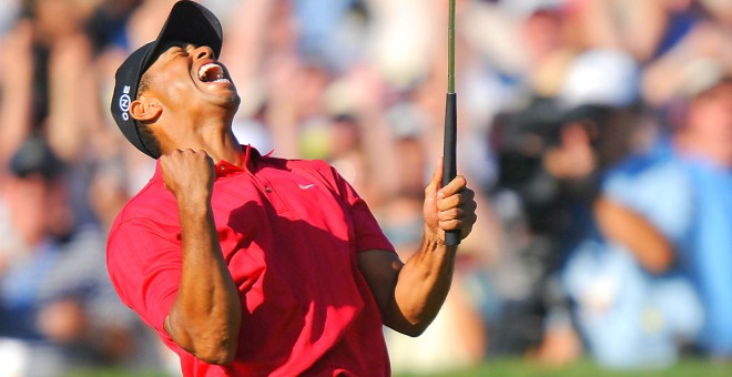 Gesto de rabia de Tiger Woods tras el triunfo en el US Open de 2008.