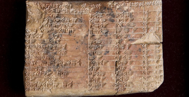 La tablilla babilónica Plimpton 322 presenta cuatro columnas (separadas por tres hendiduras) y 15 filas de números cuneiformes, pero seguramente tuvo más porque está fragmentada. UNSW/ Andrew Kelly