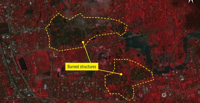 Imagen satétile de los incendios en Maungdaw, ciudad del estado de Rakhine, Myanmar. / Amnistía Internacional