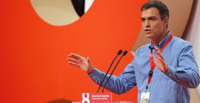 El secretario general del PSOE, Pedro Sánchez, durante su intervención en el VIII Congreso que el PSE-EE celebra este fin de semana en Bilbao. EFE/LUIS TEJIDO