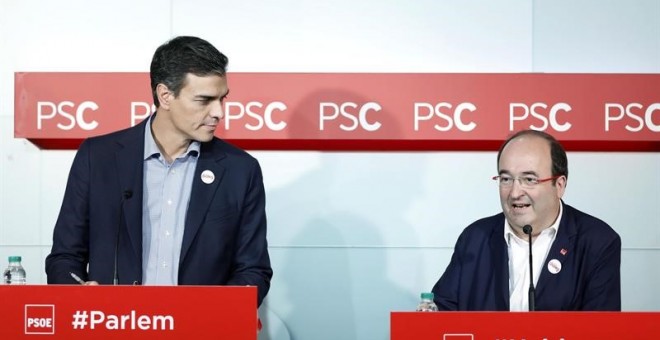 Pedro Sánchez i Miquel Iceta després de la reunió de l'executiva del PSC / EFE