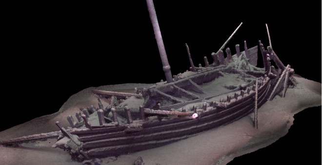 Modelo fotogramétrico preliminar del mismo barco completo, incluido el mástil, que ha permanecido intacto desde su naufragio hace unos 2.000 años./BLACK SEA MAP
