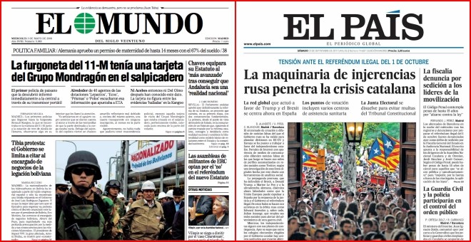 Izquierda: portada de 'El Mundo' que intentaba sostener la teoría de la conspiración sobre la autoría de ETA de los atentados del 11-M. Derecha: portada de 'El País' que sostiene que el apoyo al soberanismo en redes sociales lo fomentan los rusos.