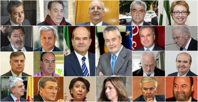 De iqz. a der. y de arriba a abajo, los procesados por la trama política de los ERE: Agustín Barberá Salvador, Antonio Estepa Giménez, Antonio Fernández García, Antonio Vicente Lozano Peña, Carmen Martínez Aguayo, Francisco Javier Guerrero, Francisco Vall