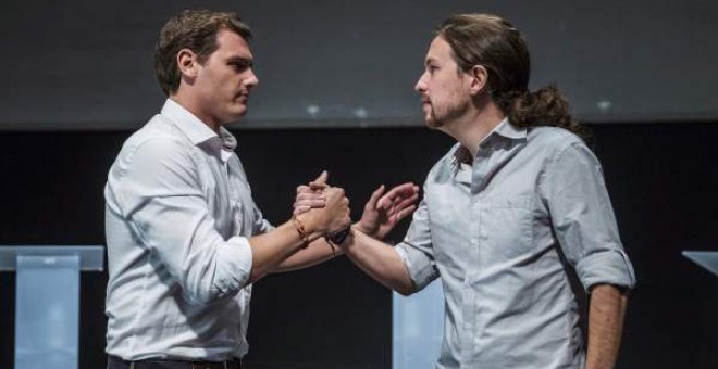 Albert Rivera y Pablo Iglesias, durante el debate electoral en la Universidad Carlos III de Madrid (2015). EFE