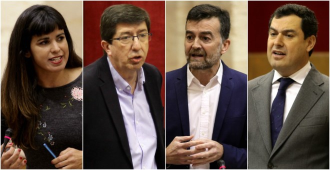 De izquierda a derecha, Teresa Rodríguez (Podemos), Juan Marín (Ciudadanos), Antonio Maíllo (IU), y Juan Manuel Moreno Bonill (PP).