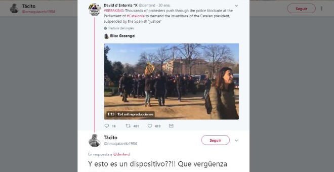 Mensaje de Tácito calificando de 'vergüenza' el dispositivo de los Mossos en torno al Parlament de Catalunya el día en que se tenía que decidir candidato a president de la Generalitat y algunos manifestantes superaron las barreras.