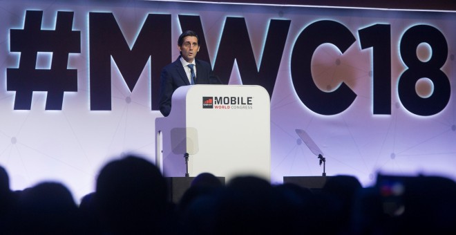 El presidente de Telefónica, José María Álvarez-Pallete, durante la conferencia inaugural del Congreso Mundial de Móviles (MWC en su siglas en inglés), en Barcelona. EFE/Alberto Estévez
