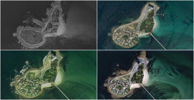 Vista aérea de la isla de Toralla en el año 1956 (arriba izquierda), 2004 (abajo izquierda), 2014 (arriba derecha), 2017 (abajo derecha).