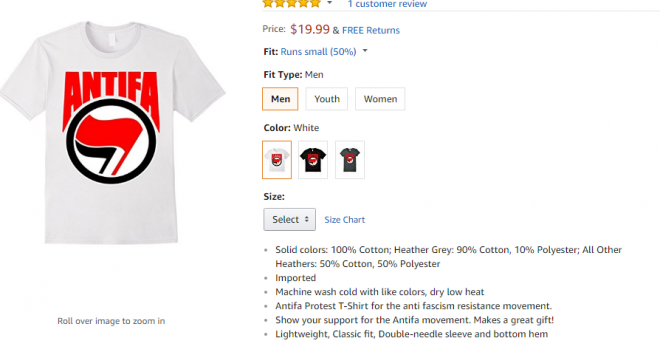 Camiseta antifa a la venta en Amazon.