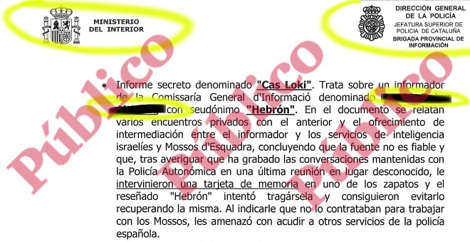 Fragmento de una de las 194 páginas del 'Libro Primero' del Oficio 3022/17 de la Brigada Provincial de Barcelona de la Policía Nacional, en el que se revela la identidad de un informante, cuyo nombre hemos tachado en 'Público'.