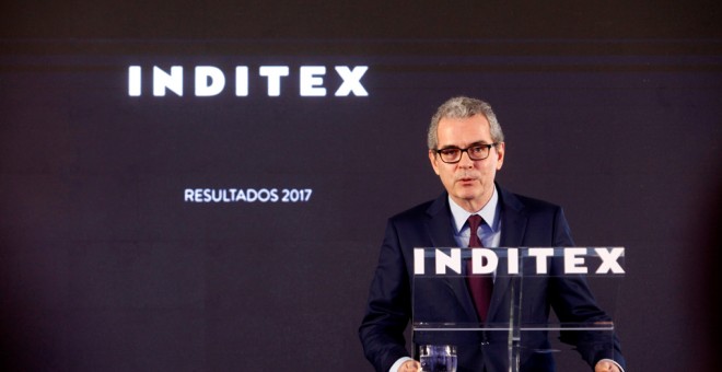 El presidente de Inditex, Pablo Isla, durante la rueda de prensa ofrecida en la sede de la empresa en Arteixo (A Coruña) para presentar los resultados del grupo textil en 2017. EFE/Cabalar